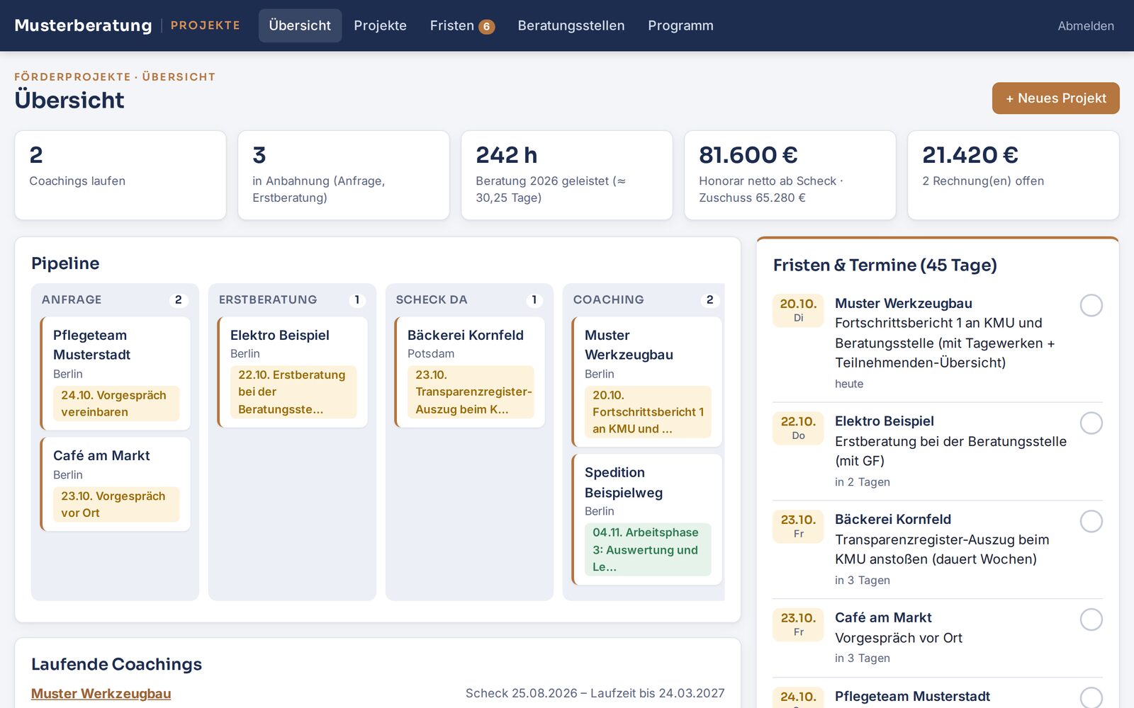 Dashboard of a consulting app with projects and progress (sample data)
