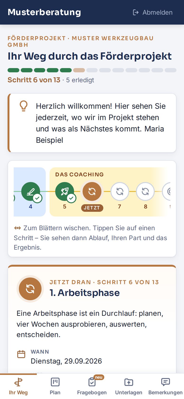 Customer portal of a consulting app on a phone (sample data)