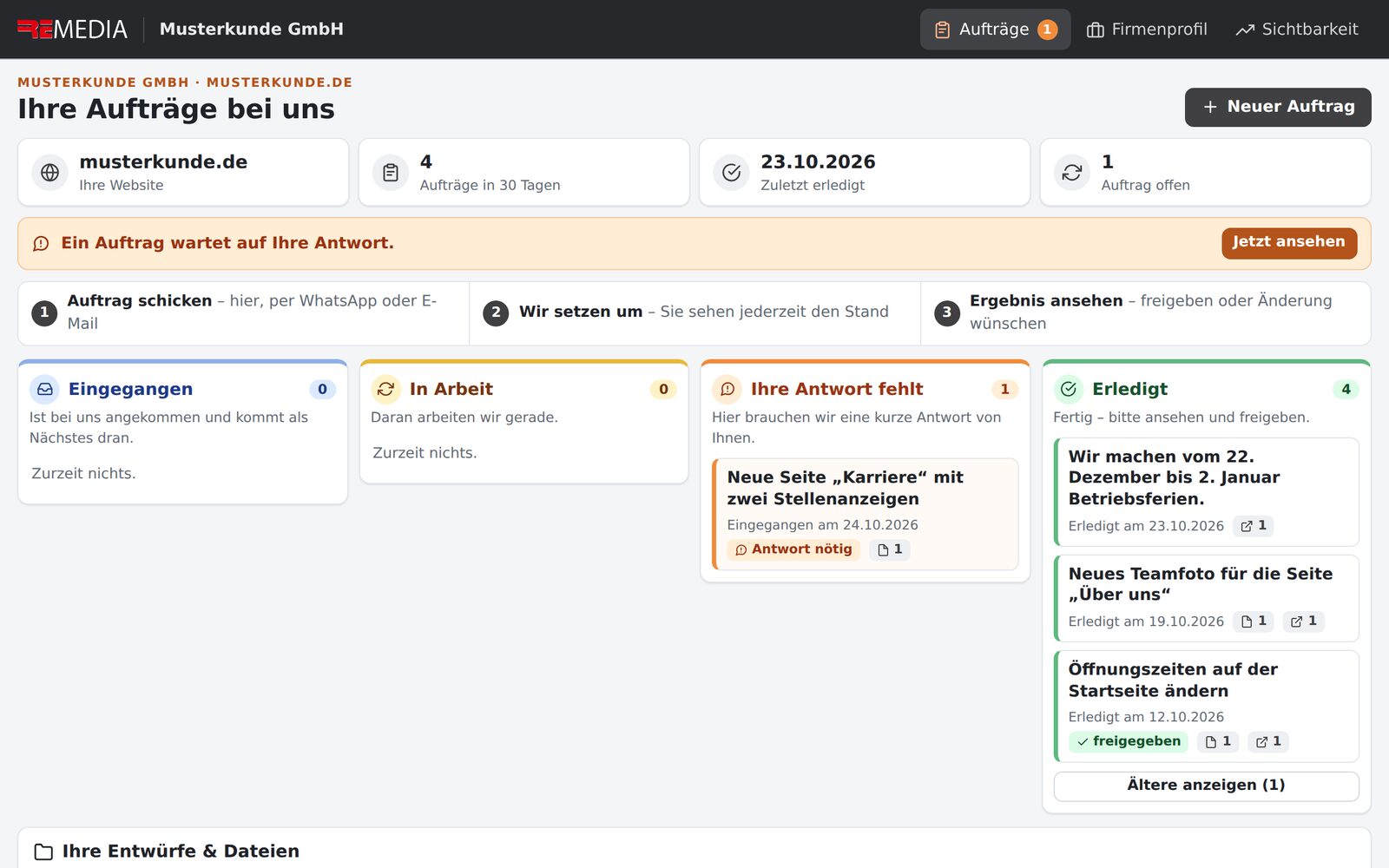 Client dashboard: jobs in the columns received, in progress, your reply needed and done (sample data, German interface)