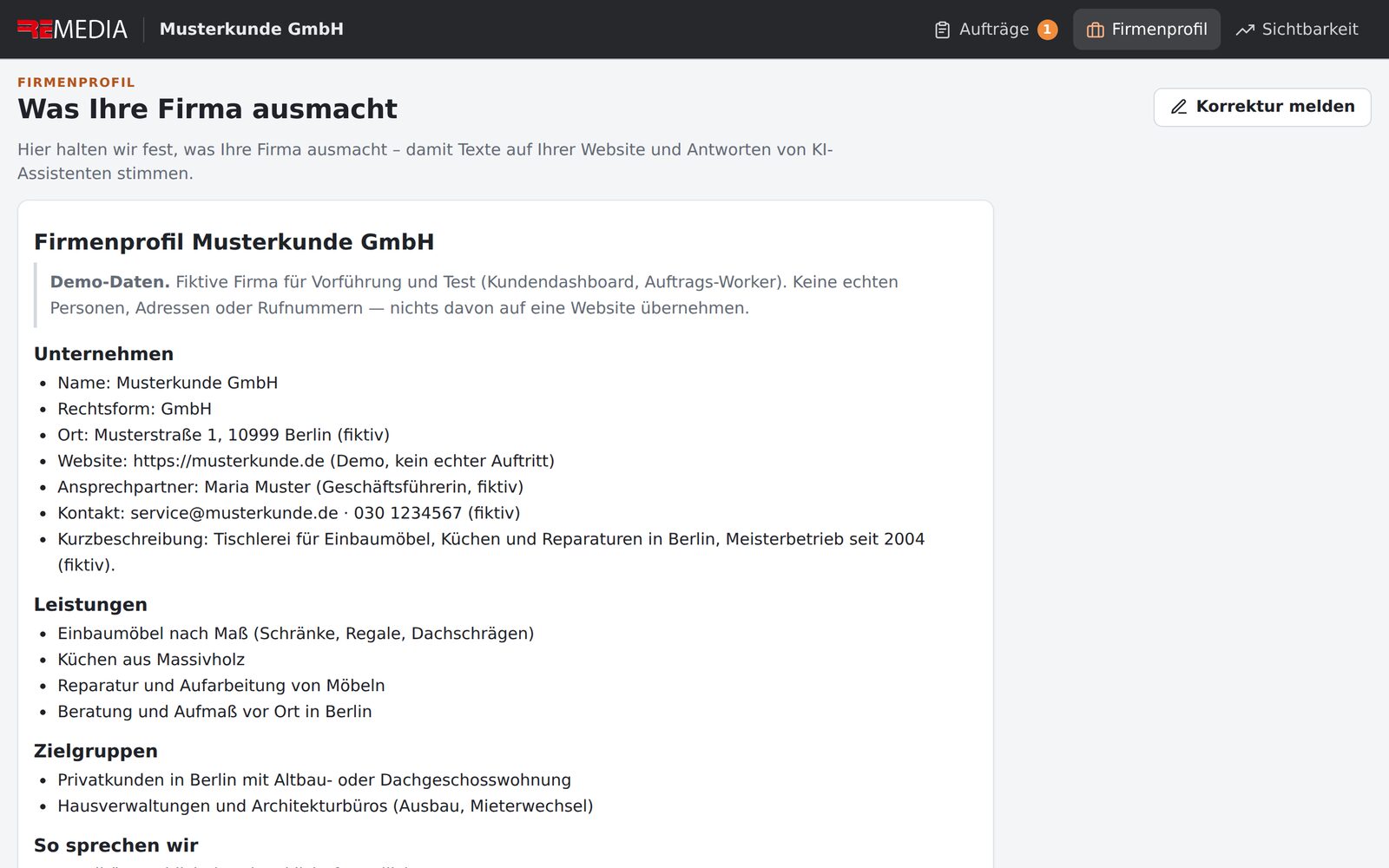Client dashboard, company profile tab of a sample company (sample data, German interface)