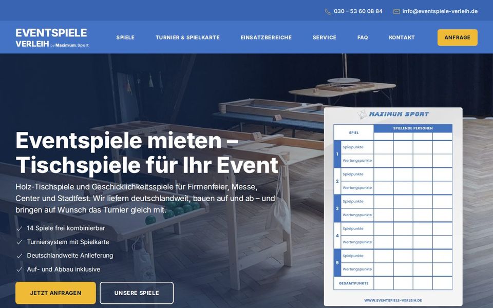 Screenshot der Startseite von eventspiele-verleih.de