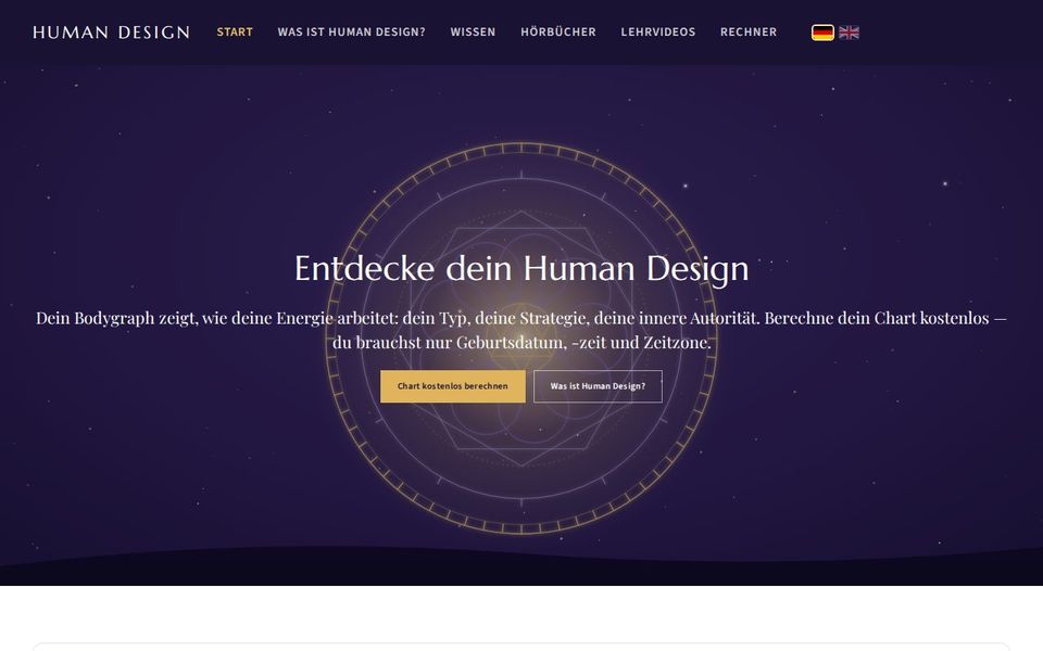 Screenshot der Startseite von humandesign.spiritness.de