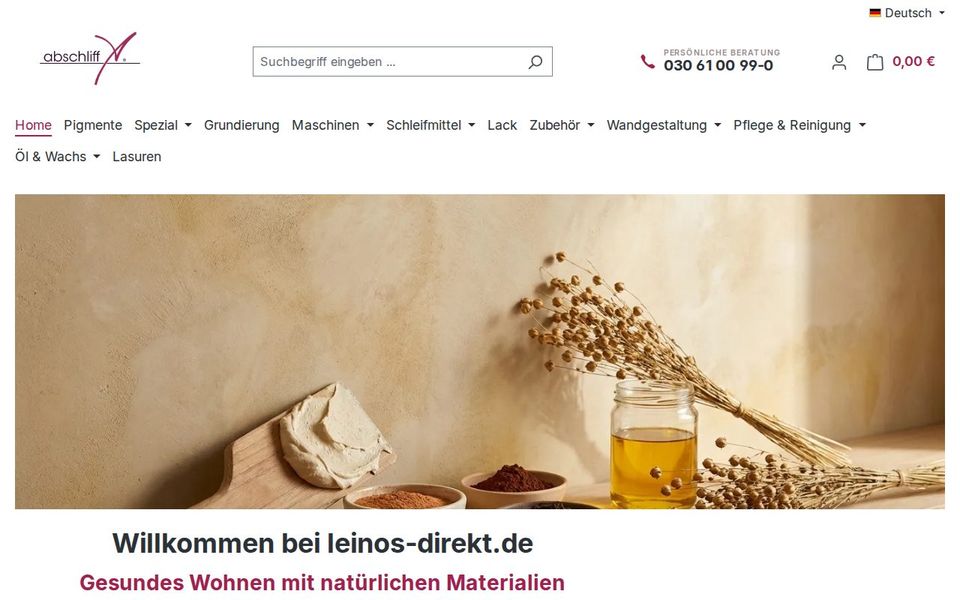 Screenshot der Startseite von leinos-direkt.de