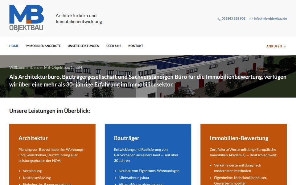 Screenshot der Startseite von mb-objektbau.de