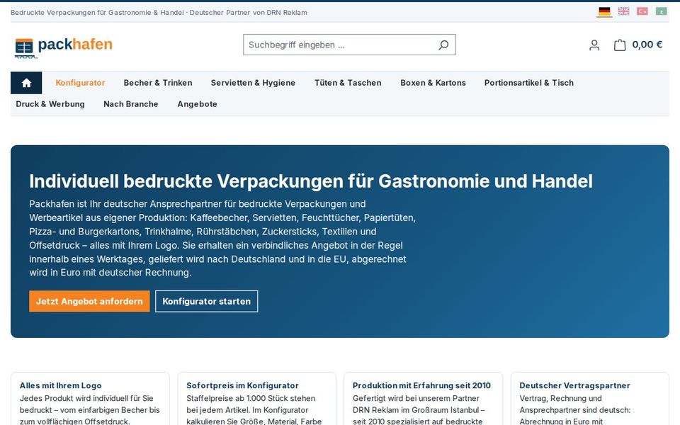 Screenshot der Startseite von packhafen.de