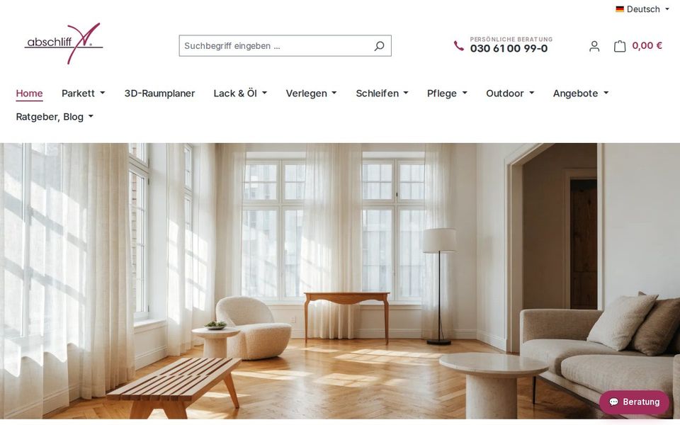 Screenshot der Startseite von parketthimmel.de