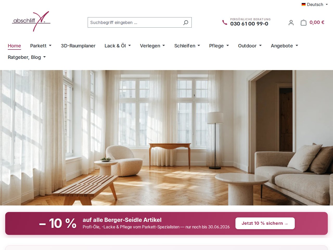 parketthimmel.de — parquet shop with 3D room planner