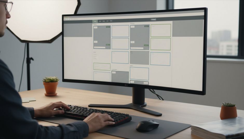 Webdesigner-Arbeitsplatz mit Page-Builder-Layout am Monitor