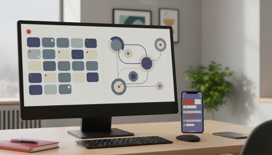 Monitor mit Social-Media-Planungskalender und Automatisierungs-Diagramm