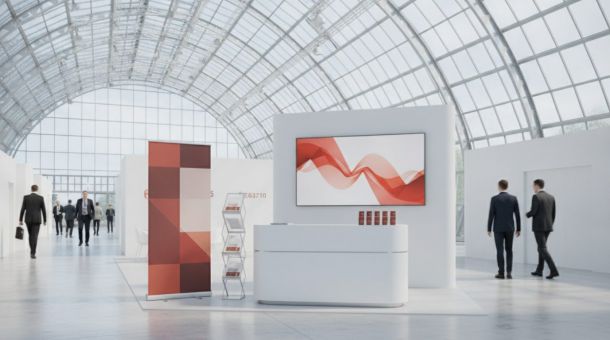Reuther Media auf regionalen Wirtschafts- und Digitalisierungsmessen – heller Messestand mit warmroten Akzenten