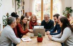 Vereinsmitglieder besprechen ihr Digitalprojekt am Laptop
