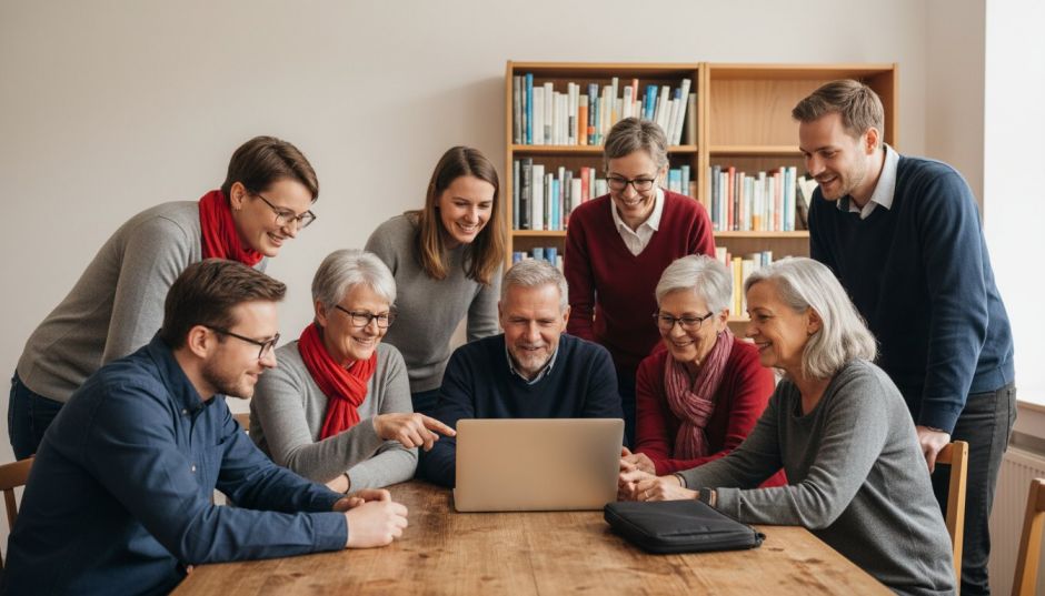 Volunteers in a club room working together on a laptop
