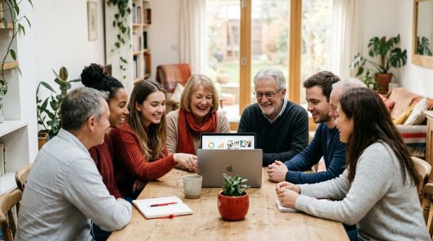Vereinsmitglieder besprechen ihr Digitalprojekt am Laptop