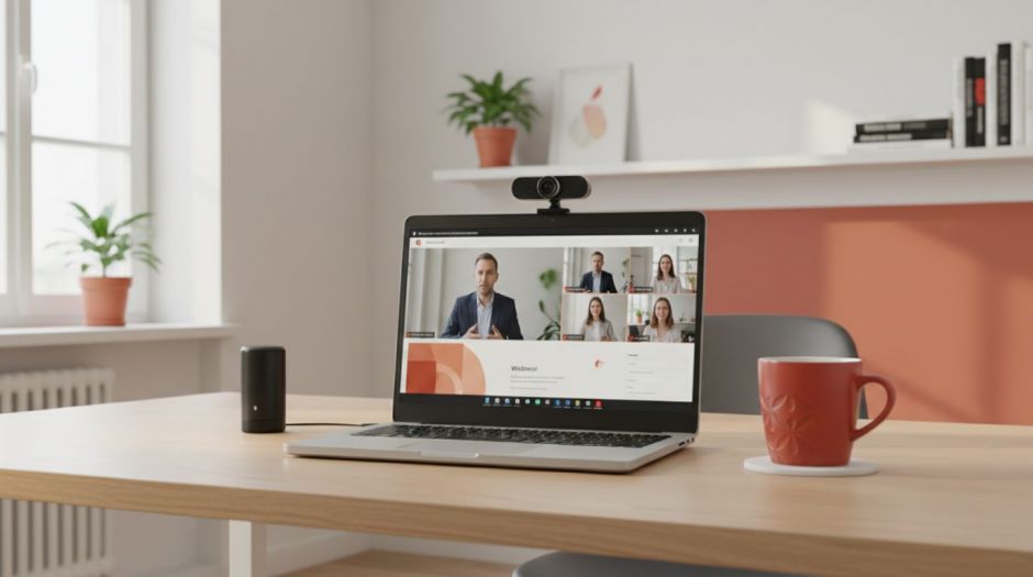 Webinar-Arbeitsplatz mit Webcam, Mikrofon und Teilnehmer-Kacheln