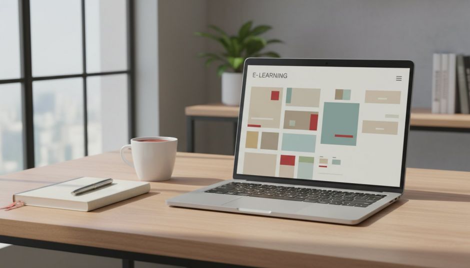 Laptop on a desk showing an e-learning course overview